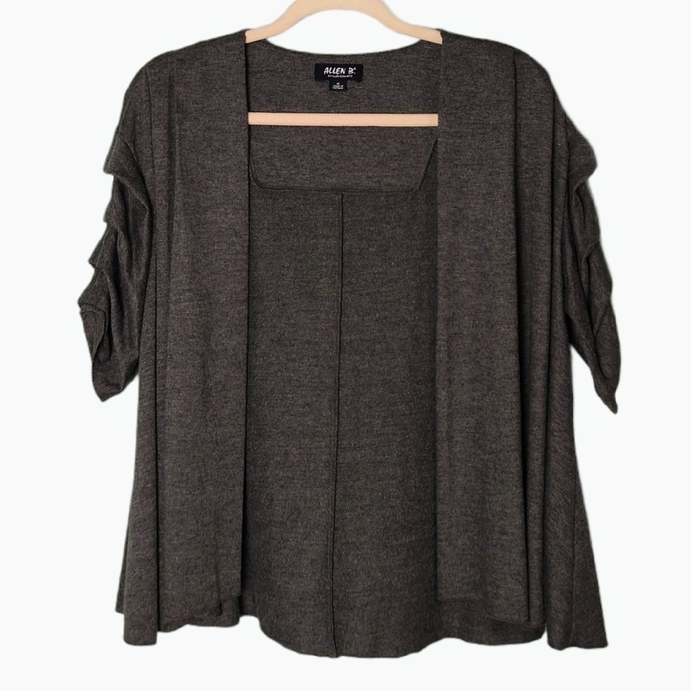 Allen B. Cardigan Women Medium Gray Elbow Ruffle Sleeve Open Front Knit Sweater